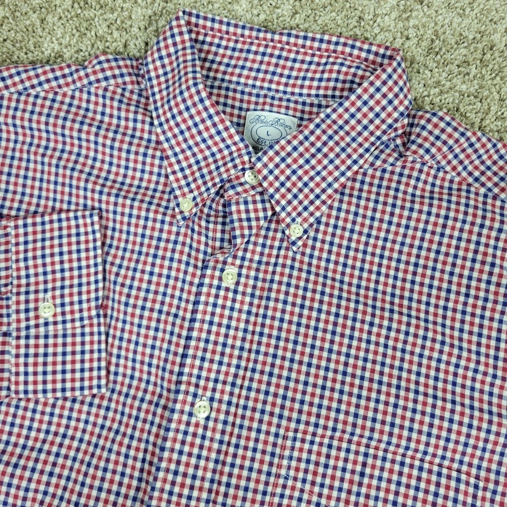 Brooks Brothers Relaxed Mens Large Red Blue Gingham Check Button Down LS